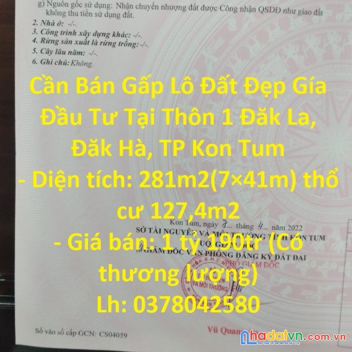 Cần bán gấp lô đất đẹp gía đầu tư tại thôn 1 đăk la,  đăk hà, tp kon tum