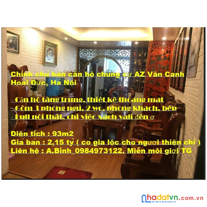 Chính chủ bán căn hộ chung cư az vân canh, hoài đức, hà nội