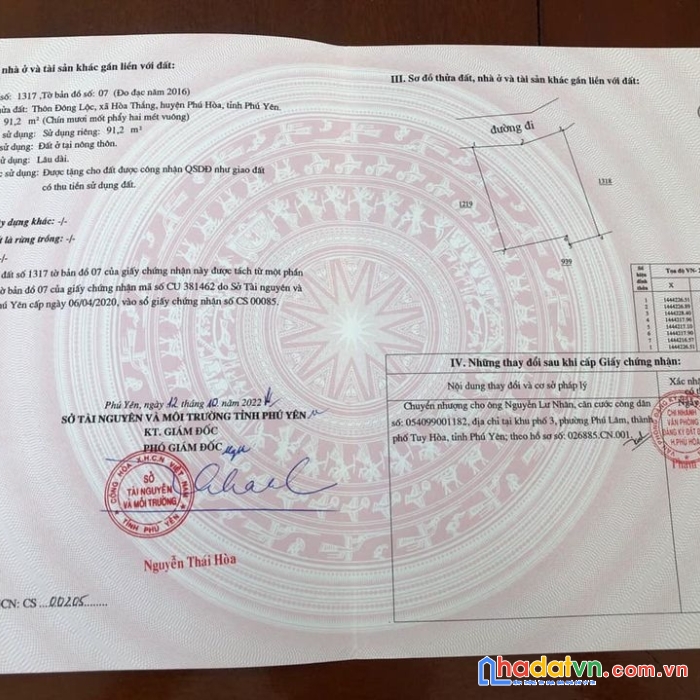 Chính chủ cần bán lô đất thổ cư đông lộc xã hòa thắng, huyện phú hòa, phú yên