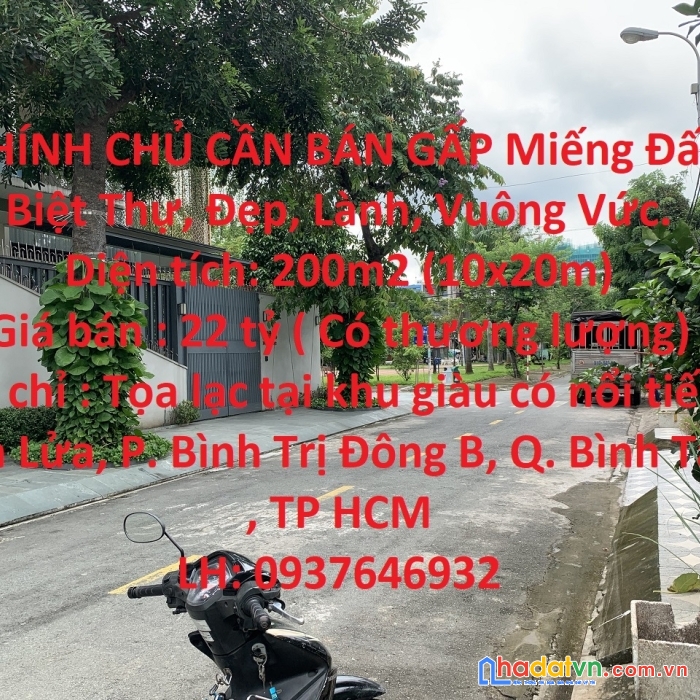 Chính chủ cần bán gấp miếng đất biệt thự, đẹp, lành, vuông vức.