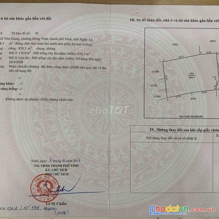 Đất sổ đỏ 828,3m2 khối yên giang, phường đông vĩnh