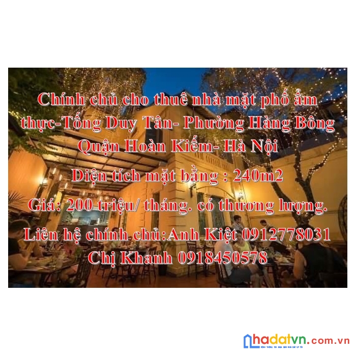 Chính chủ cho thuê nhà mặt phố ẩm thực tống duy tân, phường hàng bông, quận hoàn kiếm, hà nội.