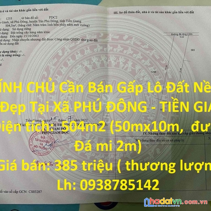 Chính chủ cần bán gấp lô đất nền vị trí đẹp tại xã phú đông - tiền giang