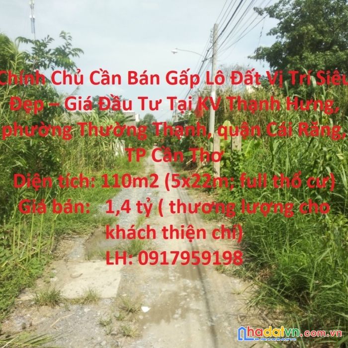 Chính chủ cần bán gấp lô đất vị trí siêu đẹp – giá đầu tư tại cái răng