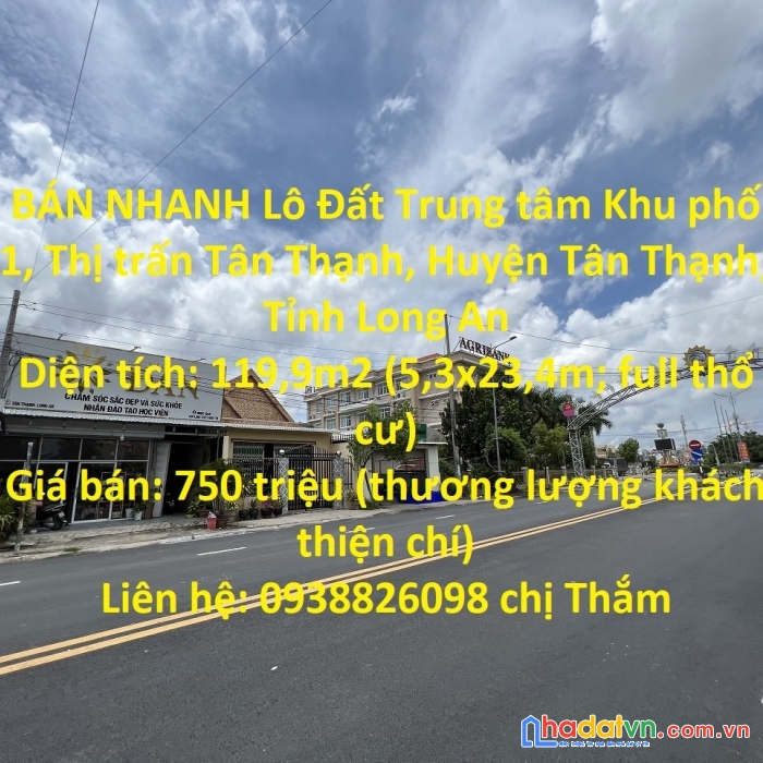 Bán nhanh lô đất trung tâm thị trấn tân thạnh, long an