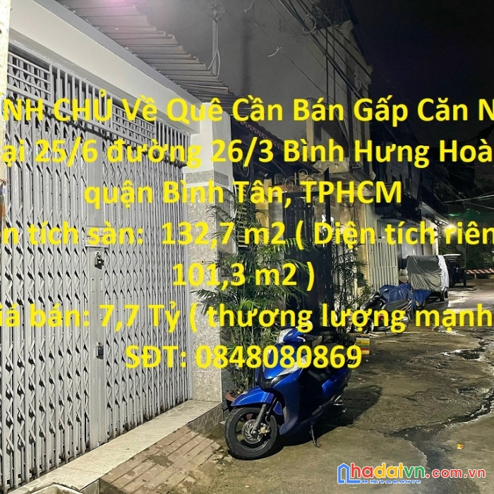 Chính chủ về quê cần bán gấp căn nhà tại bình tân - tphcm