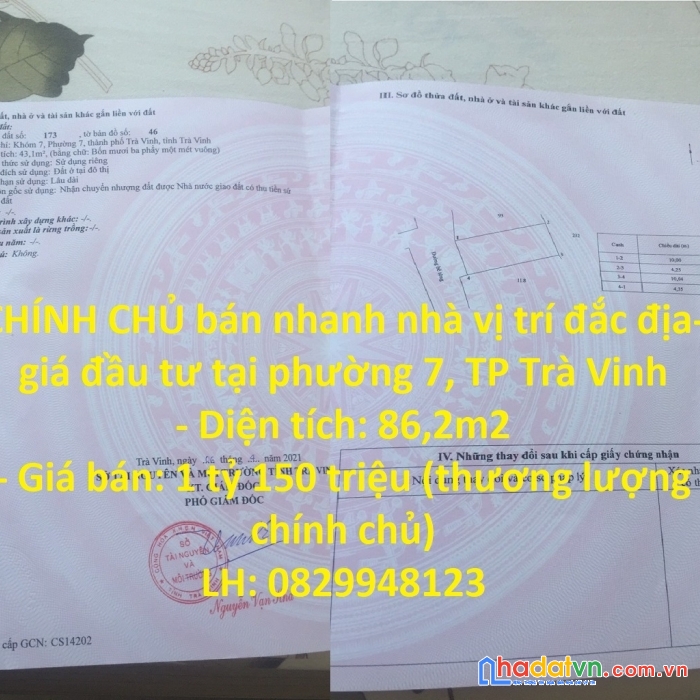 Chính chủ bán nhanh nhà vị trí đắc địa-giá đầu tư tại phường 7, tp trà vinh