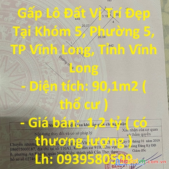 Chính chủ cần bán gấp lô đất vị trí đẹp tại khóm 5, phường 5, tp vĩnh long, tỉnh vĩnh long