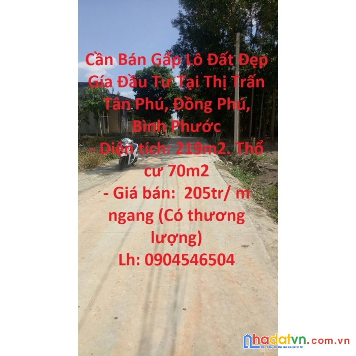 Cần bán gấp lô đất đẹp gía đầu tư tại thị trấn tân phú, đồng phú, bình phước