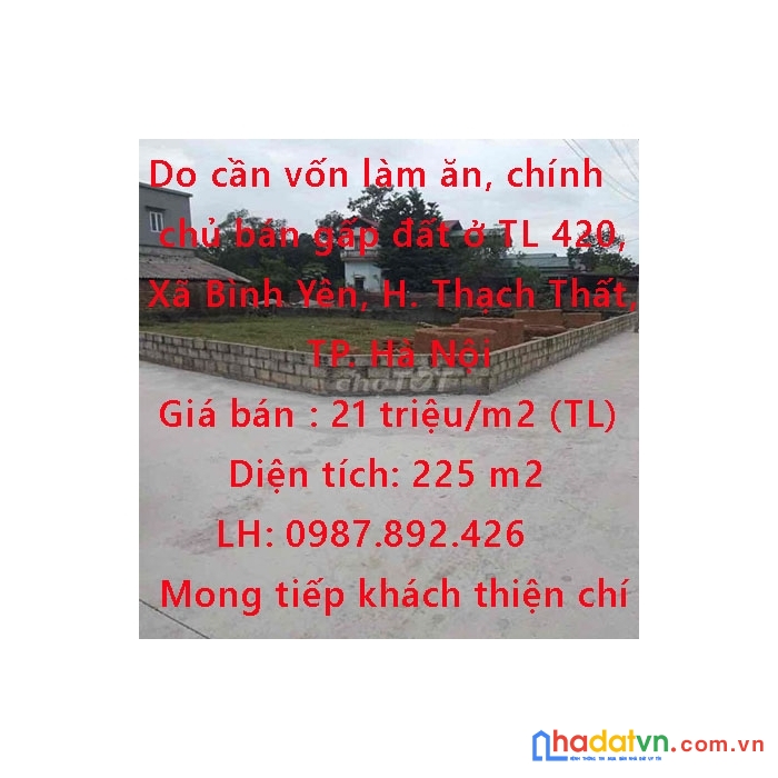 Do cần vốn làm ăn, chính chủ bán gấp đất ở hà nội  giá cực đẹp xã bình yên, huyện thạch thất, hà