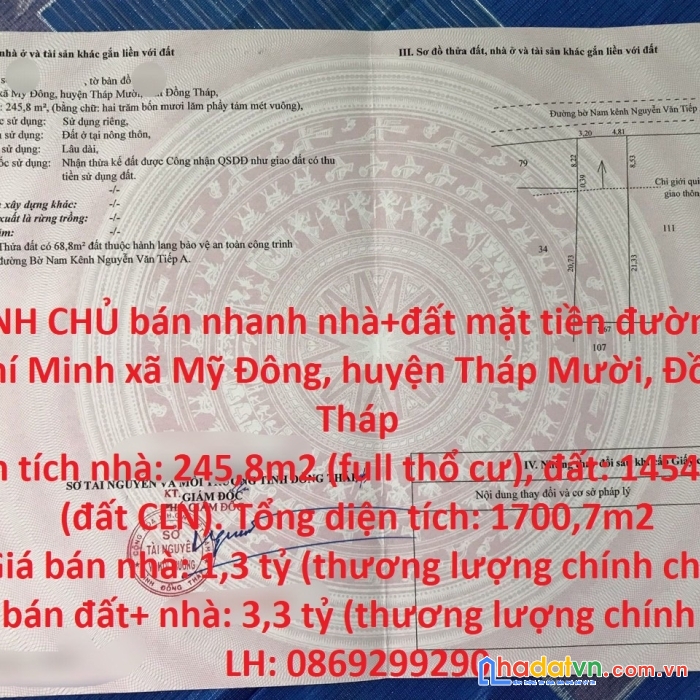 Chính chủ bán nhanh nhà+đất mặt tiền đường hồ chí minh, đồng tháp