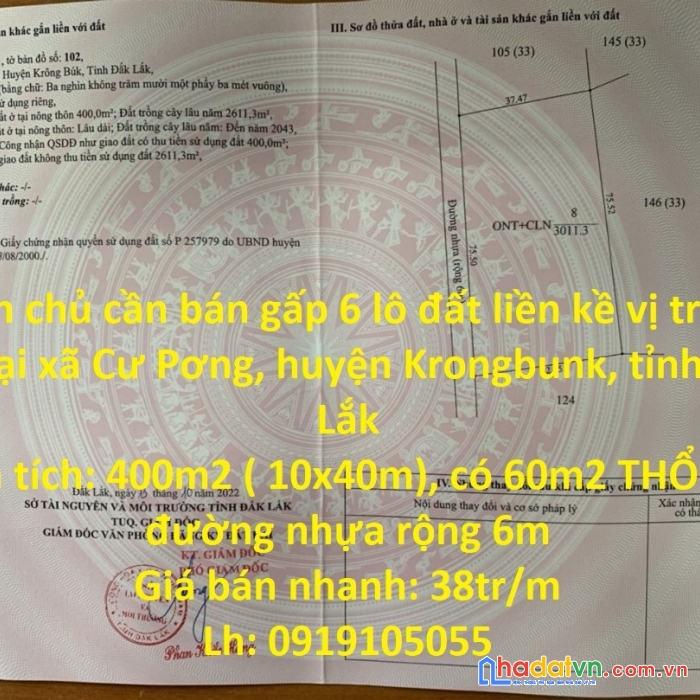 Chính chủ cần bán gấp 6 lô đất liền kề vị trí đắc địa tại huyện krongbunk , tỉnh đắk lắk
