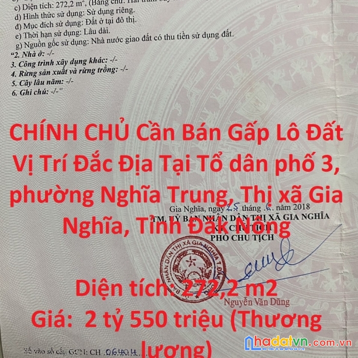 Chính chủ cần bán gấp lô đất vị trí đắc địa tại thị xã gia nghĩa, tỉnh đăk nông