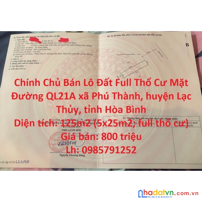Chính chủ bán lô đất full thổ cư mặt đường ql21a lạc thủy- hòa bình