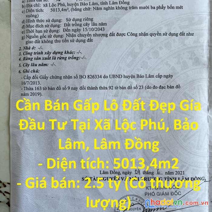 Cần bán gấp lô đất đẹp gía đầu tư tại xã lộc phú, bảo lâm, lâm đồng