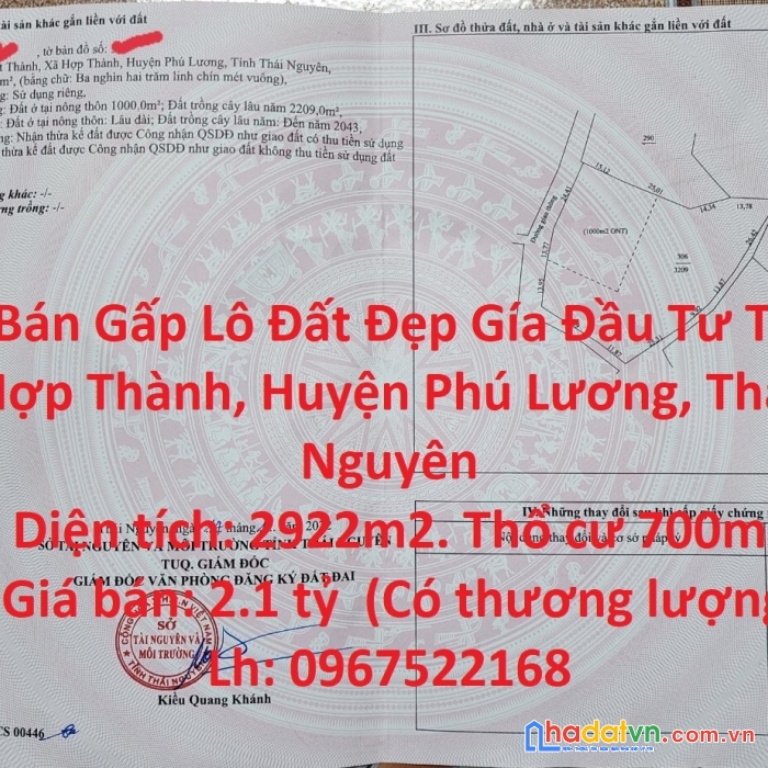 Cần bán gấp lô đất đẹp gía đầu tư tại xã hợp thành, huyện phú lương, thái nguyên