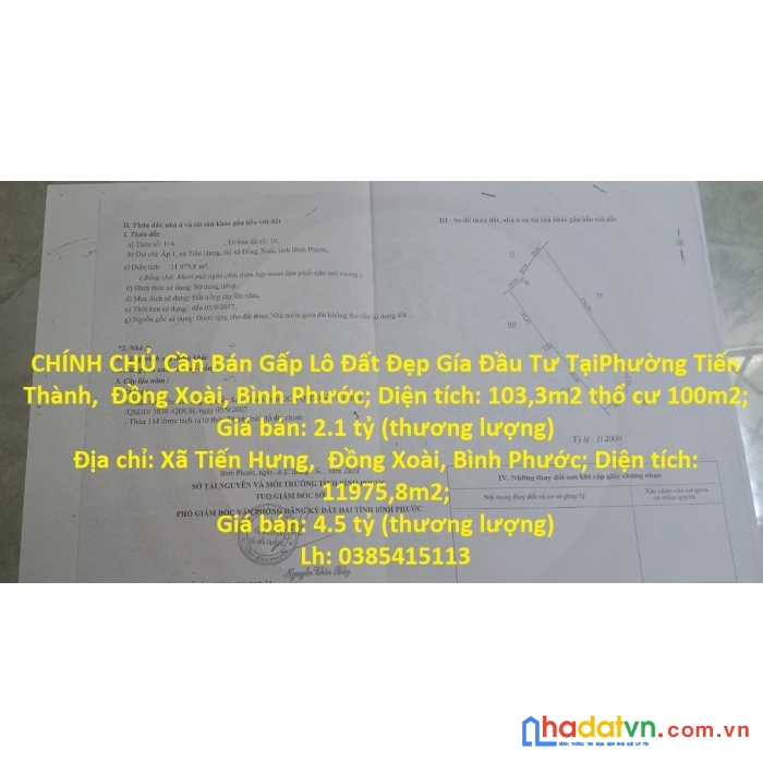 Chính chủ cần bán gấp lô đất đẹp gía đầu tư tại đồng xoài, bình phước