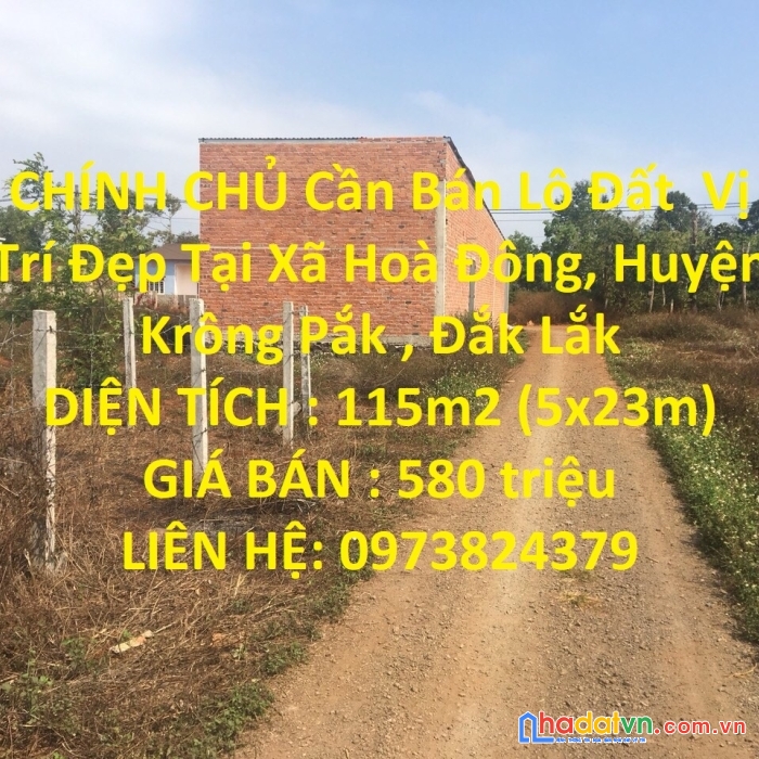 Chính chủ cần bán lô đất  vị trí đẹp tại xã hoà đông, huyện krông pắk , đắk lắk