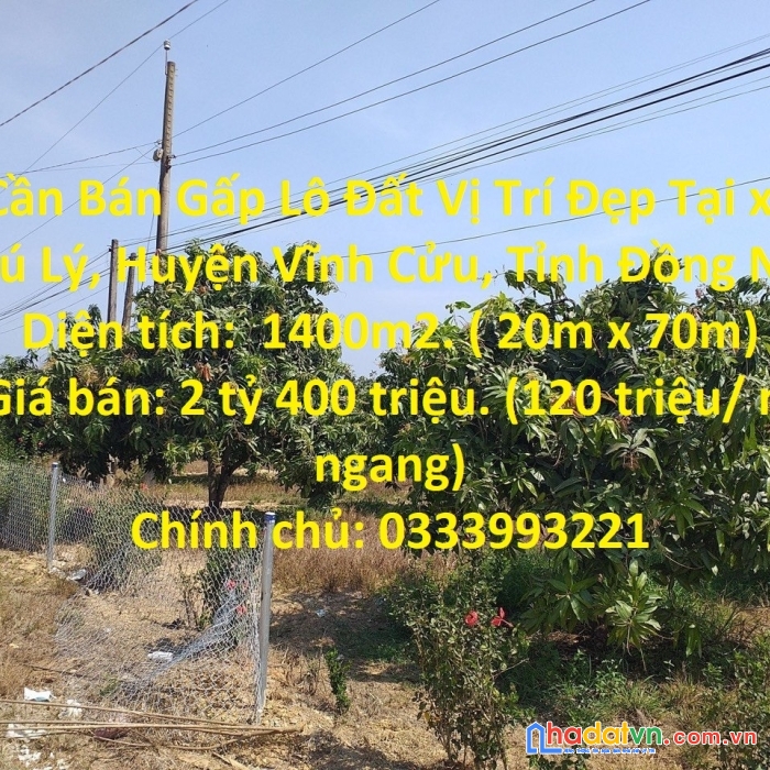 Cần bán gấp lô đất vị trí đẹp tại huyện vĩnh cửu, tỉnh đồng nai.