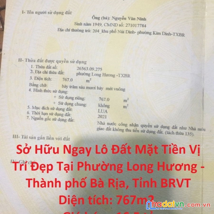 Sở hữu ngay lô đất mặt tiền vị trí đẹp tại phường long hương - thành phố bà rịa, tỉnh bà rịa rịa