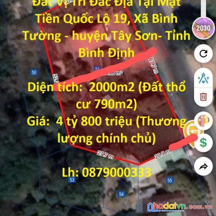 Chính chủ cần bán gấp lô đất vị trí đắc địa tại bình định - mặt tiền quốc lộ 19