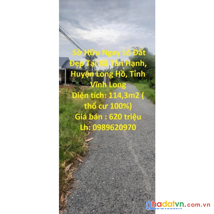 Sở hữu ngay lô đất đẹp tại xã tân hạnh, huyện long hồ, tỉnh vĩnh long