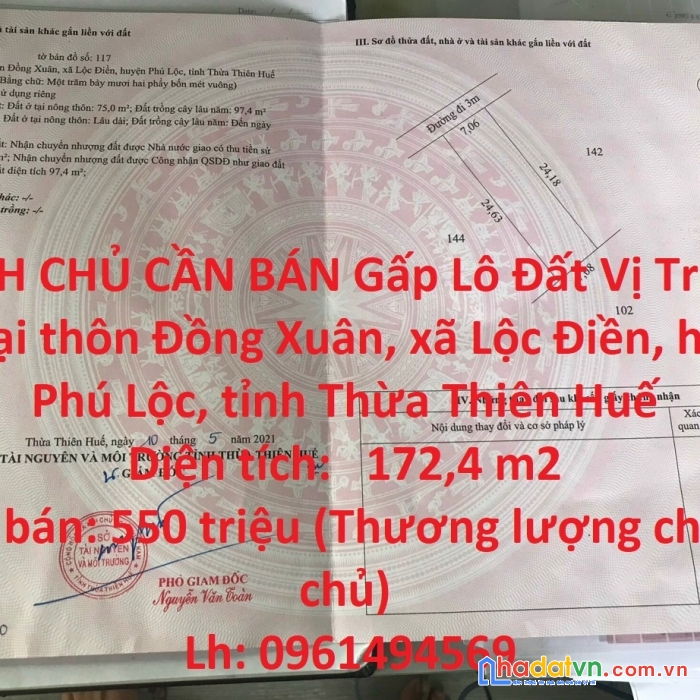 Chính chủ cần bán gấp lô đất vị trí đắc địa tại tỉnh thừa thiên huế