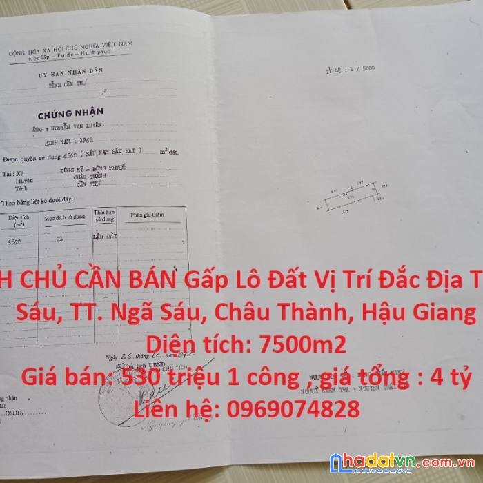 Chính chủ cần bán gấp lô đất vị trí đắc địa tại châu thành – hậu giang