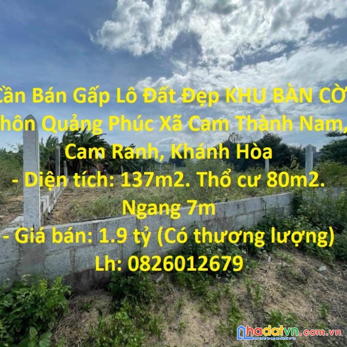 Cần bán gấp lô đất đẹp khu bàn cờ,  xã cam thành nam, cam ranh, khánh hòa