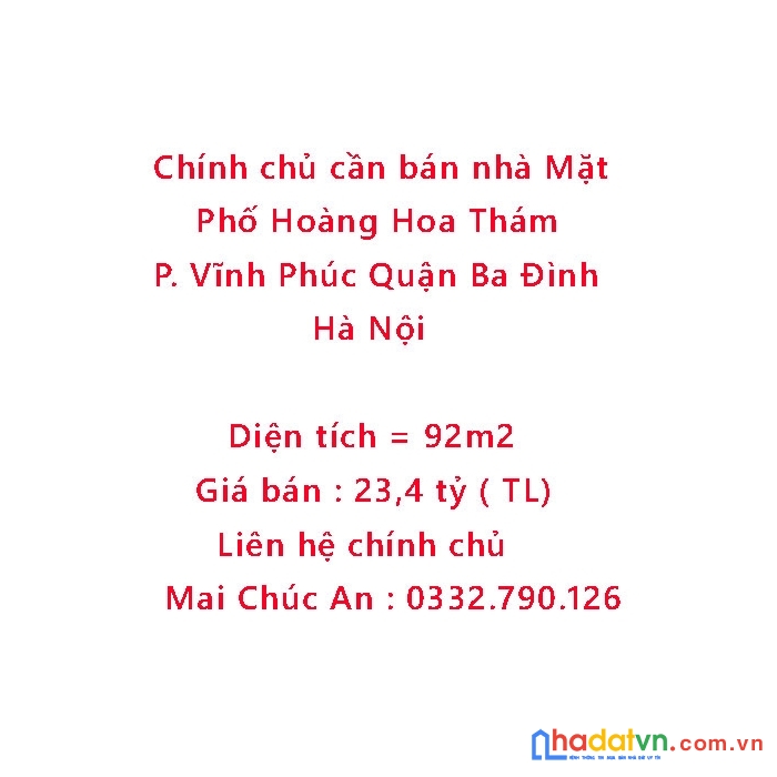Chính chủ cần bán nhà mặt phố hoàng hoa thám phường vĩnh phúc quận ba đình hà nội