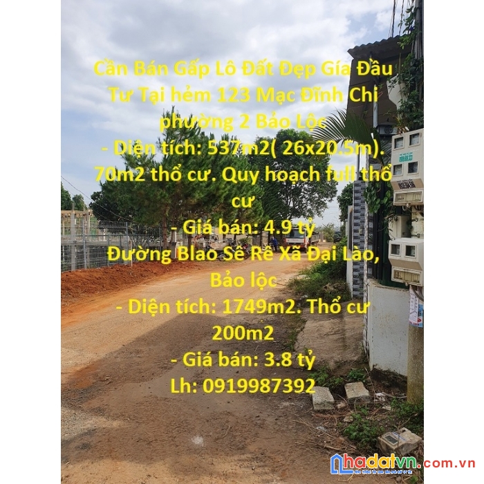 Cần bán gấp lô đất đẹp gía đầu tư tại thành phố bảo lộc, lâm đồng