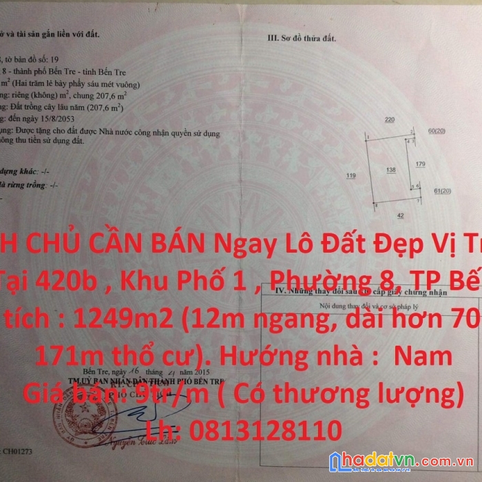 Chính chủ cần bán ngay lô đất đẹp vị trí đắc địa tại phường 8 , tp bến tre