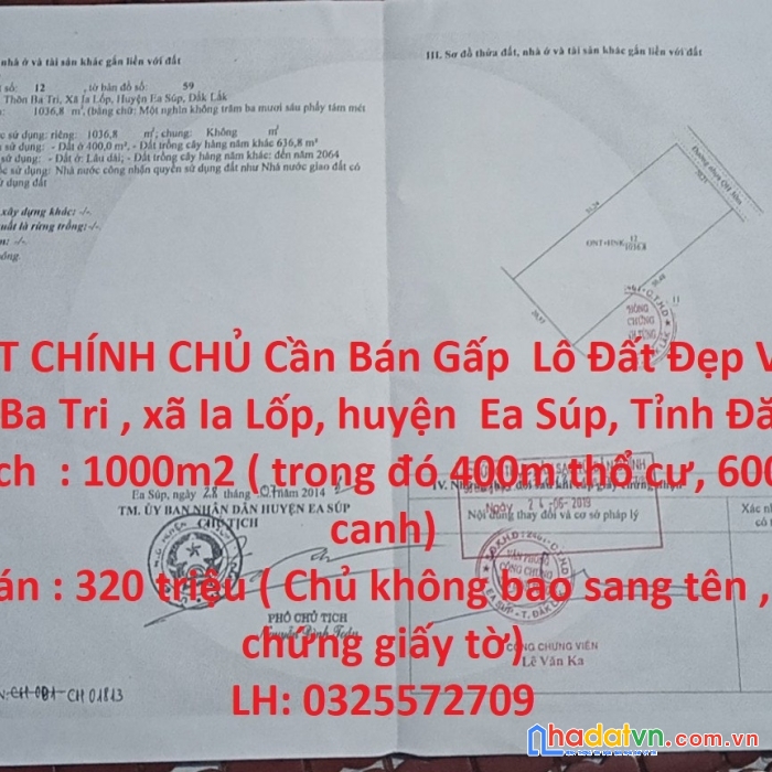 Hot hot chính chủ cần bán gấp  lô đất đẹp vị trí tại tỉnh đăk lăk