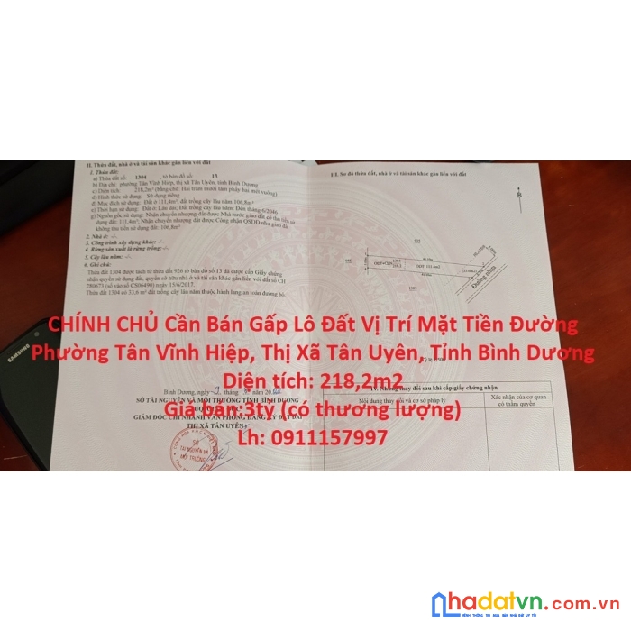Chính chủ cần bán gấp lô đất vị trí mặt tiền đường phường tân vĩnh hiệp