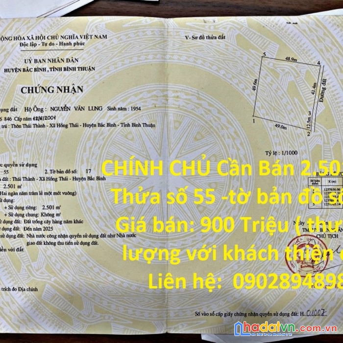 Chính chủ cần bán gấp lô đất đẹp tại huyện bắc bình, tỉnh bình thuận