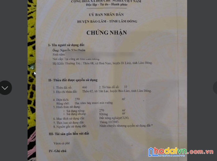 Bán lô đất ngay trung tâm ủy ban tân lạc, huyện bảo lâm, lâm đồng