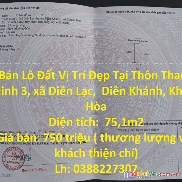 Khai xuân đầu năm chính chủ cần bán lô đất vị trí đẹp tại diên khánh, khánh hòa