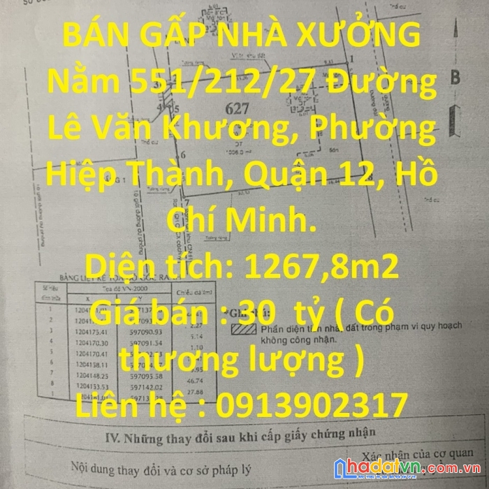 Bán gấp nhà xưởng nằm phường hiệp thành, quận 12