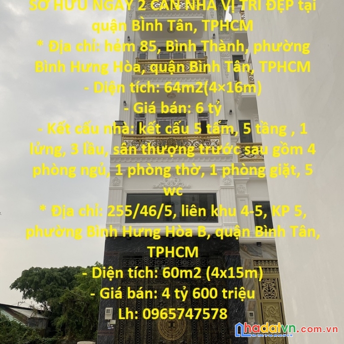 Sở hữu ngay 2 căn nhà vị trí đẹp tại quận bình tân, tphcm