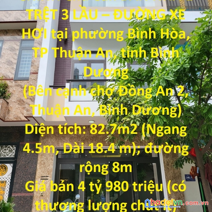 Chính chủ cần bán nhà 1 trệt 3 lầu – đường xe hơi tại tp thuận an, bình dương