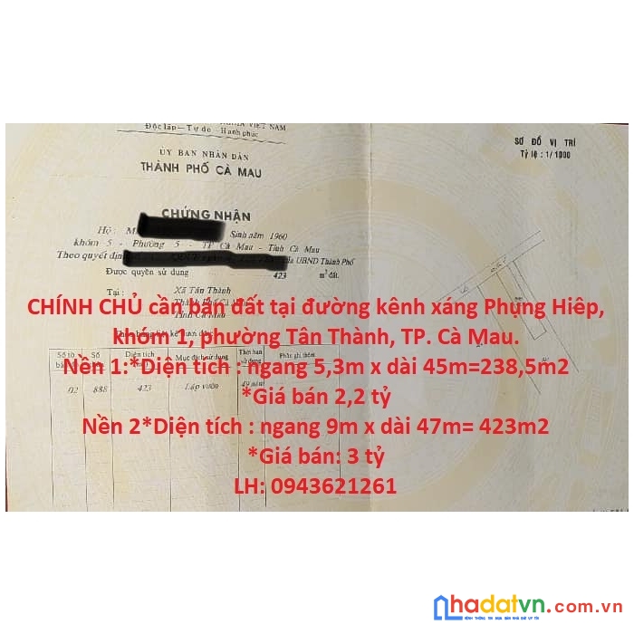 Chính chủ cần bán đất tại đường kênh xáng phụng hiêp, khóm 1, phường tân thành, tp. cà mau.