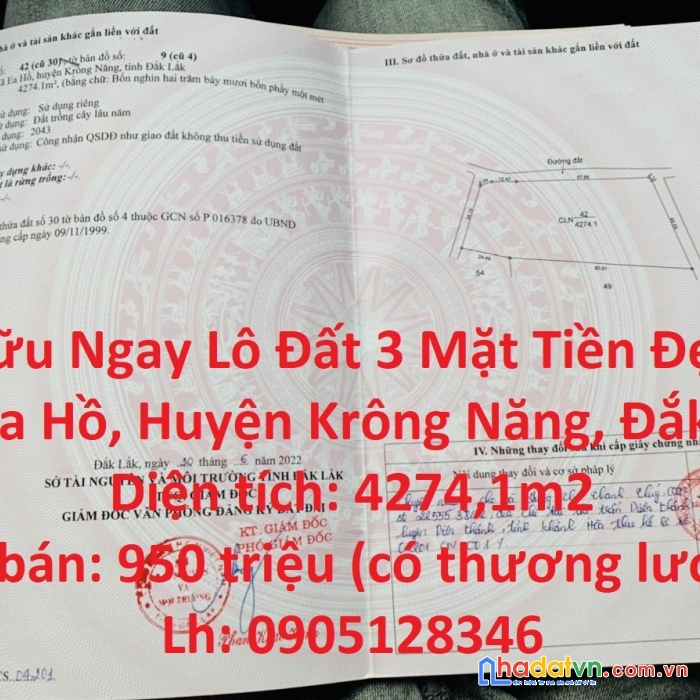 Sở hữu ngay lô đất 3 mặt tiền đẹp tại xã ea hồ, huyện krông năng, đắk lắk