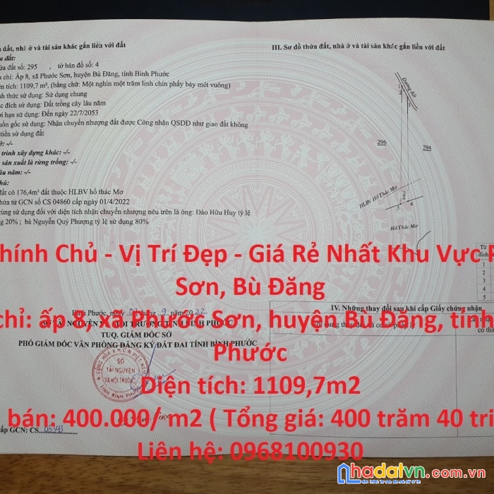 Đất chính chủ - vị trí đẹp - giá rẻ nhất khu vực phước sơn, bù đăng