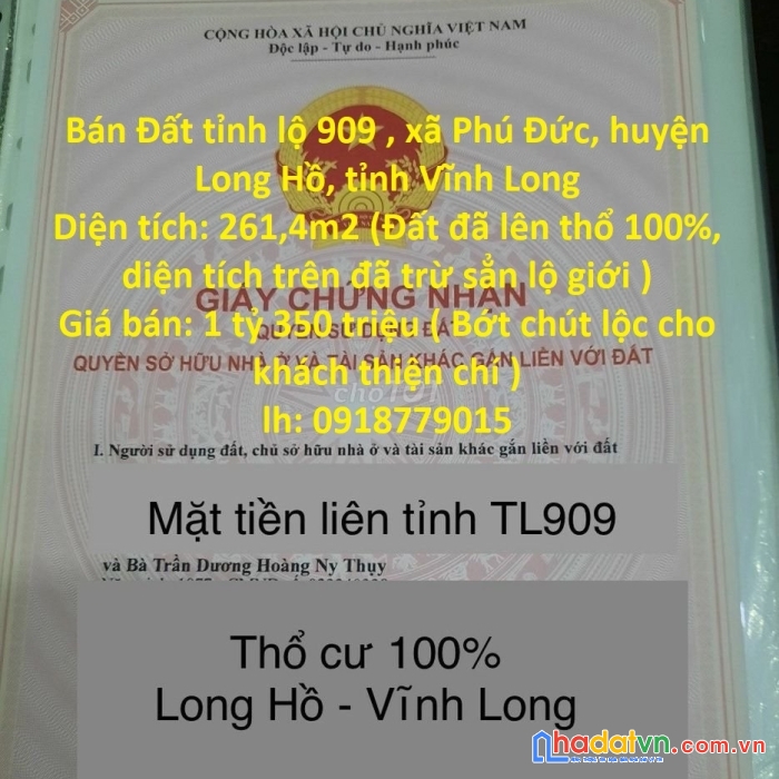 Đất chính chủ - vị trí đẹp - giá rẻ nhất khu vực mặt tiền tỉnh lộ 909 - long hồ - vĩnh long