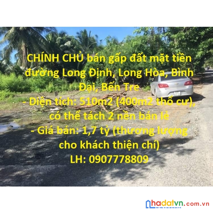 Chính chủ bán gấp đất mặt tiền đường long định, long hòa, bình đại, bến tre