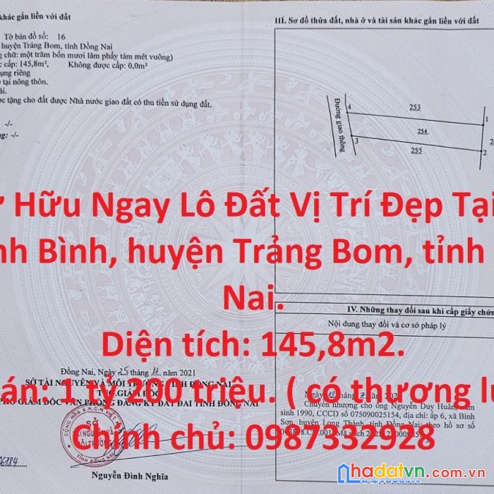 Sở hữu ngay lô đất vị trí đẹp tại xã thanh bình, huyện trảng bom, tỉnh đồng nai.