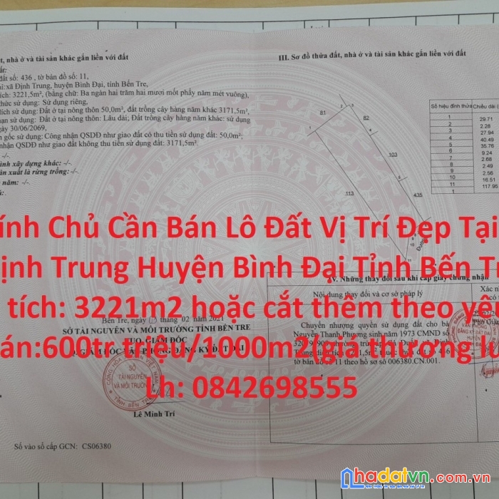 Chính chủ cần bán lô đất vị trí đẹp tại xã định trung huyện bình đại tỉnh bến tre