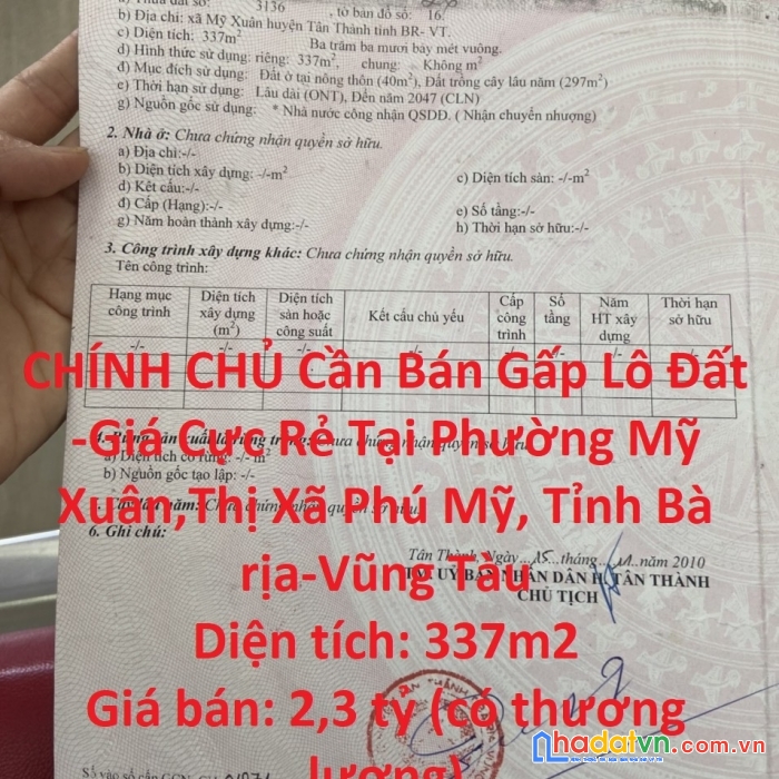 Chính chủ cần bán gấp lô đất -giá cực rẻ tại tx phú mỹ-brvt