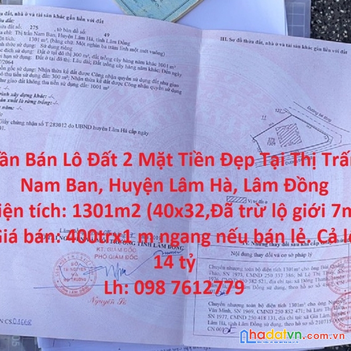 Cần bán lô đất 2 mặt tiền đẹp tại thị trấn nam ban, huyện lâm hà, lâm đồng