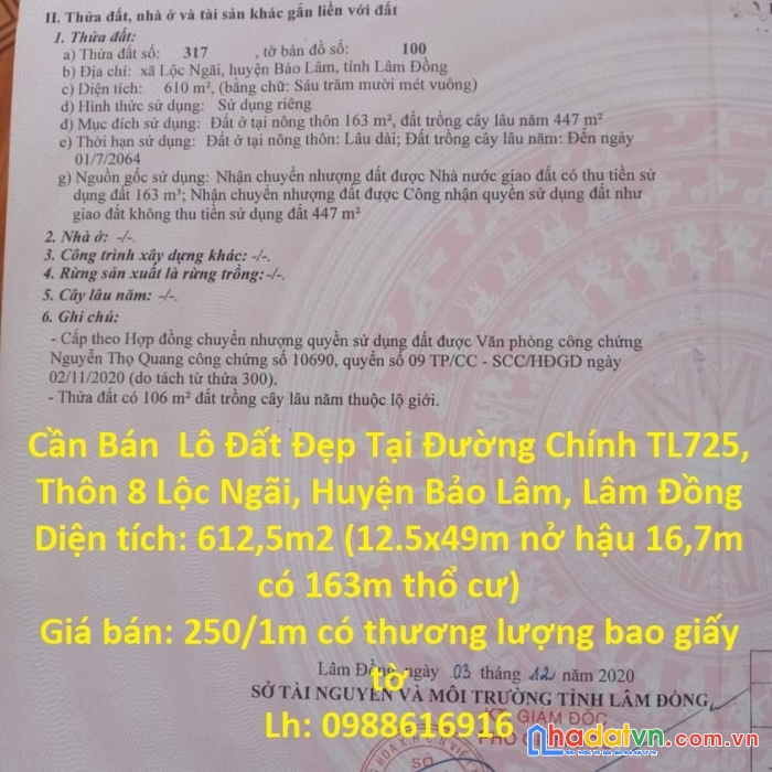 Cần bán  lô đất đẹp tại đường chính tl725, thôn 8 lộc ngãi, huyện bảo lâm, lâm đồng